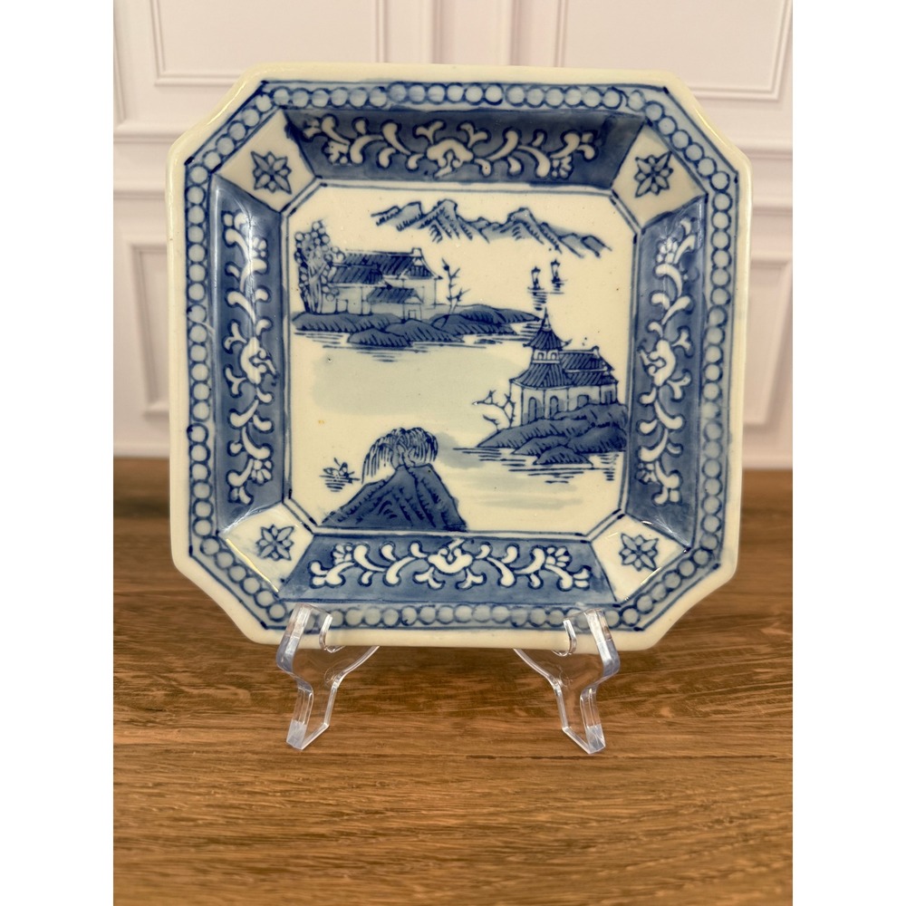 VTG‎ Imari Ware Blue Willow Pattern Thick Heavy Stoneware 6.25" Square Plate